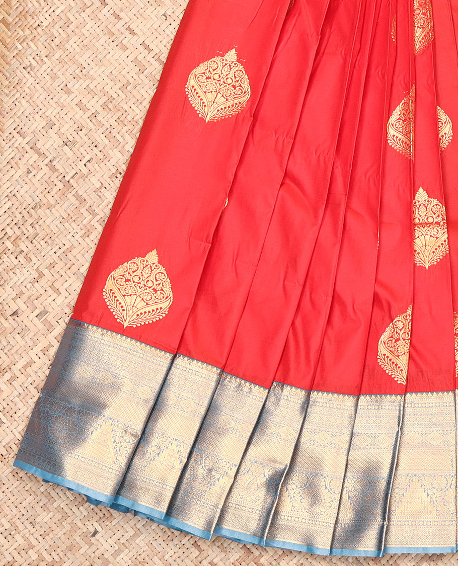 Red Budget Silk Saree, Accentuated with Zari Buttas, Contrast Traditional Zari Border, Grand Pallu, and a Contrast Blouse