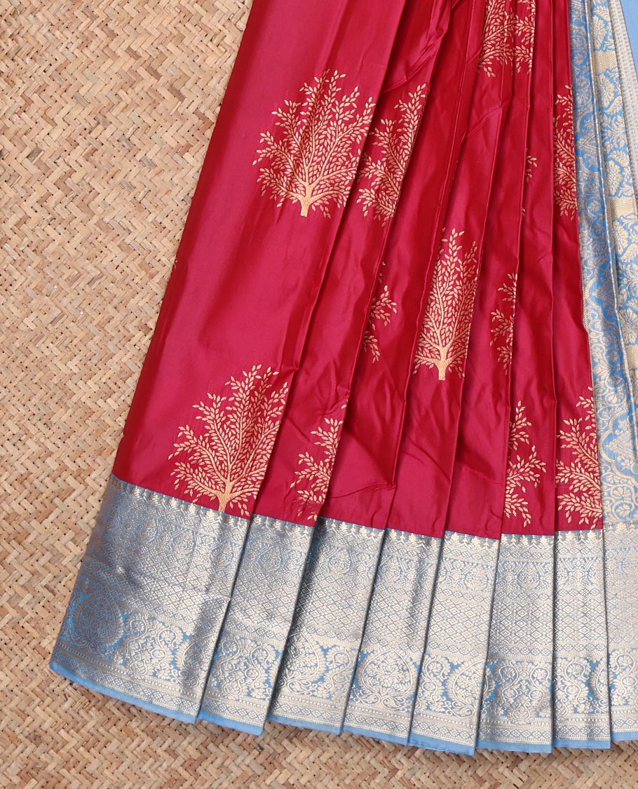 Dark Red Budget Silk Saree, Subtly Sparkled With Zari Buttas, Complemented by Contrast Traditional Zari Border, Grand Pallu and a Contrast Blouse