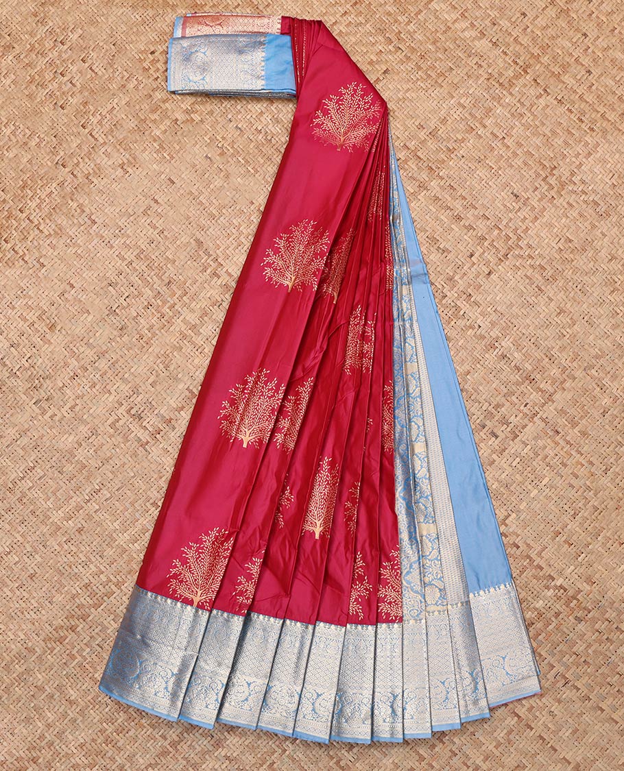 Dark Red Budget Silk Saree, Subtly Sparkled With Zari Buttas, Complemented by Contrast Traditional Zari Border, Grand Pallu and a Contrast Blouse