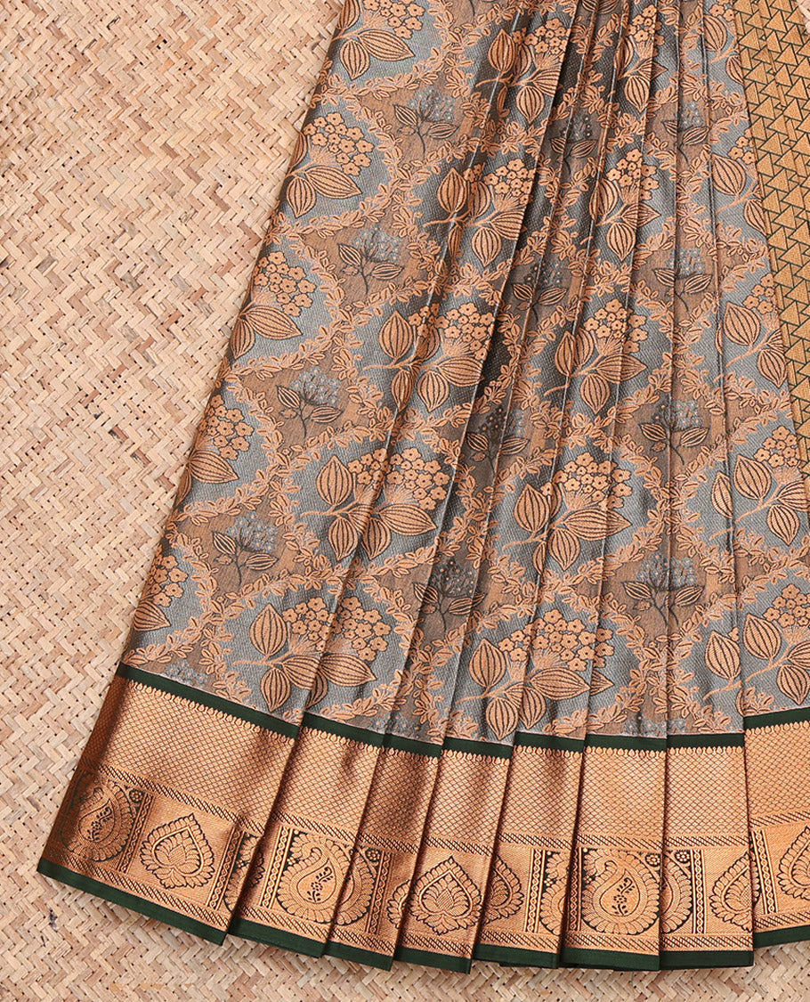 Grey Budget Silk Saree, Elevated with Floral Jacquard Design, Complemented by Contrast Traditional Zari Border, Grand Pallu and a Contrast Blouse