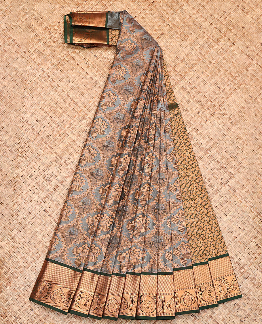 Grey Budget Silk Saree, Elevated with Floral Jacquard Design, Complemented by Contrast Traditional Zari Border, Grand Pallu and a Contrast Blouse