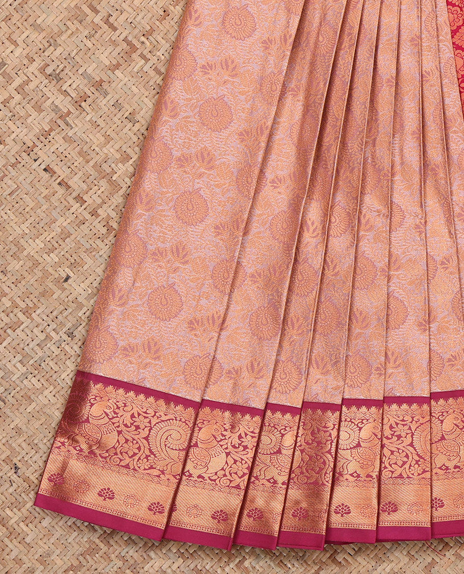 Peach Budget Silk Saree, Finely Crafted with Jacquard, Complemented by Contrast Traditional Zari Border, Grand Pallu, and a Contrast Blouse
