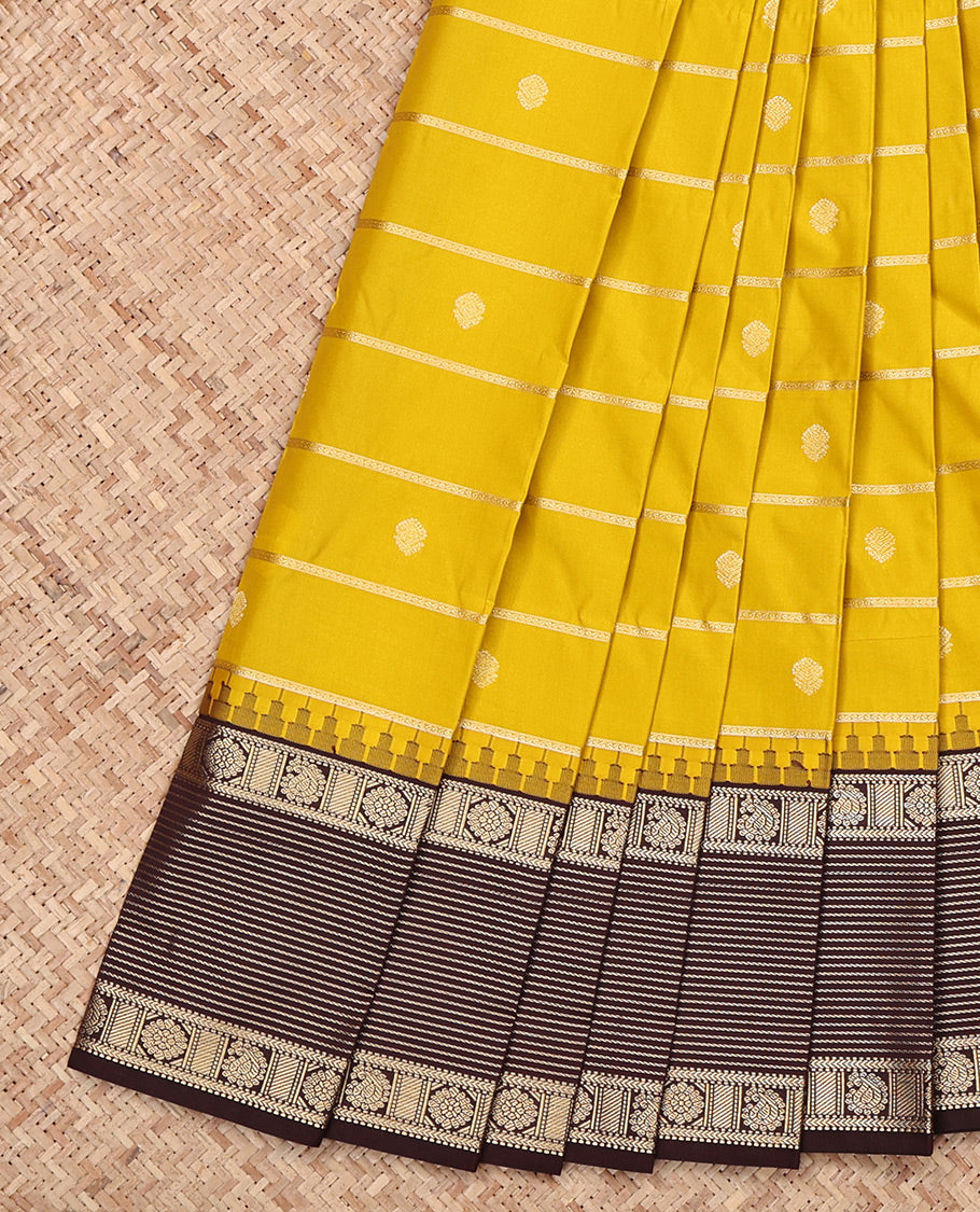 Yellow Budget Silk Saree, Ornamented with Zari Buttas and Stripes, Complemented by a Contrast Traditional Zari Border, Grand Pallu, and a Contrast Blouse