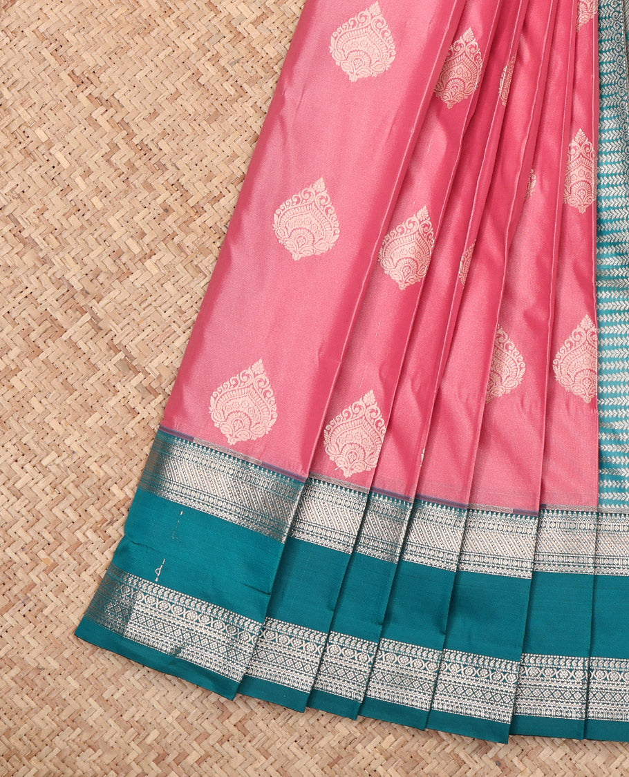 Pink Budget Silk Saree, Adorned with Zari Buttas, Complemented by a Contrast Rettai Pettu Traditional Zari Border, Grand Pallu, and Contrast Blouse
