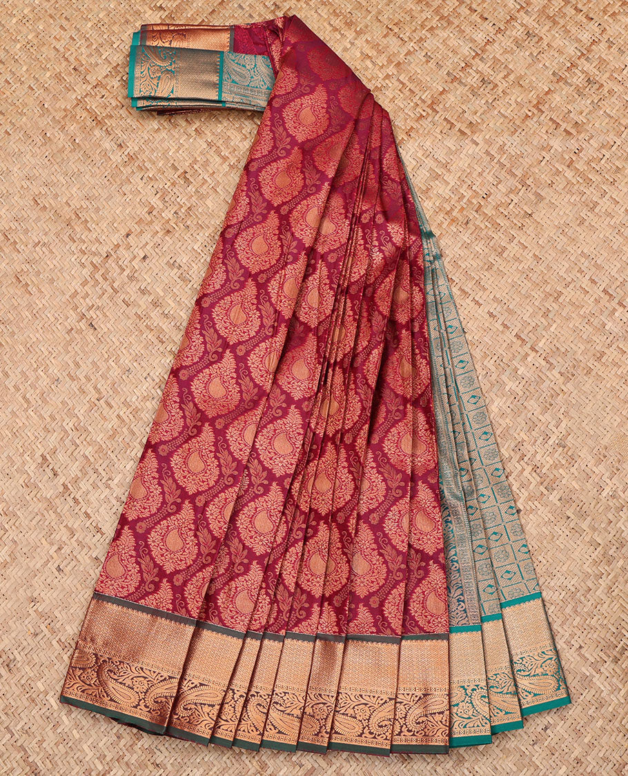 Maroon Budget Silk Saree, Woven with a Jacquard Design, Complemented by a Contrast Traditional Zari Border, Grand Pallu, and Contrast Blouse