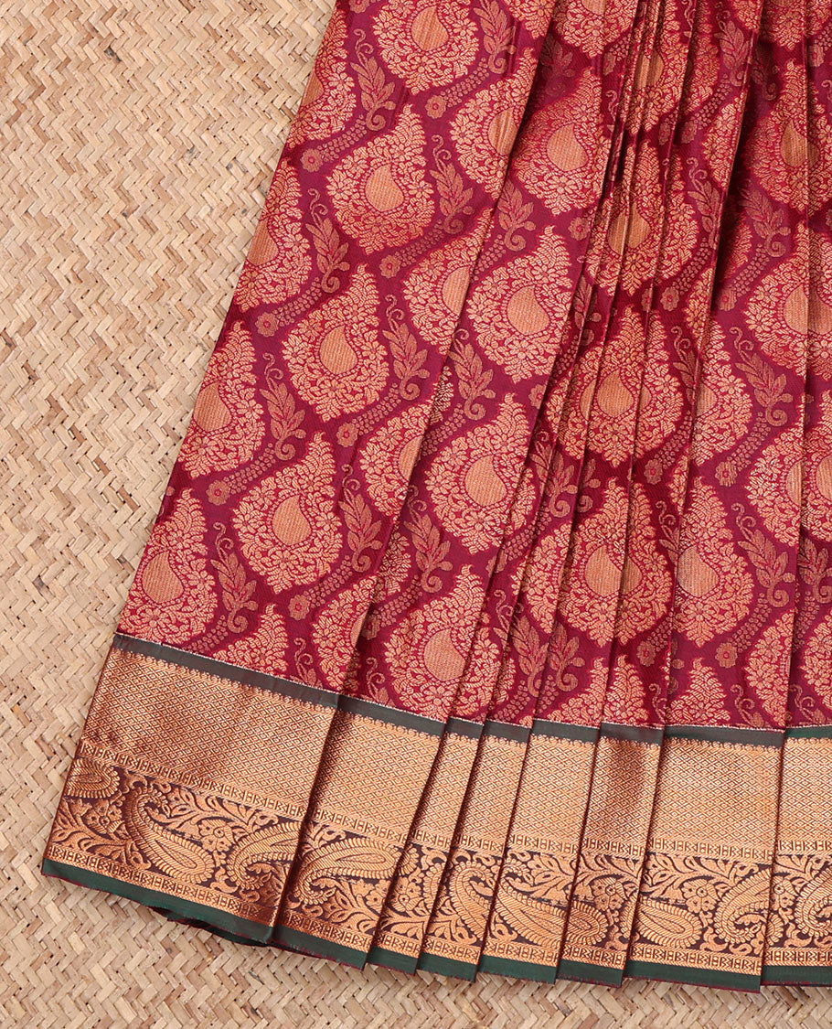 Maroon Budget Silk Saree, Woven with a Jacquard Design, Complemented by a Contrast Traditional Zari Border, Grand Pallu, and Contrast Blouse