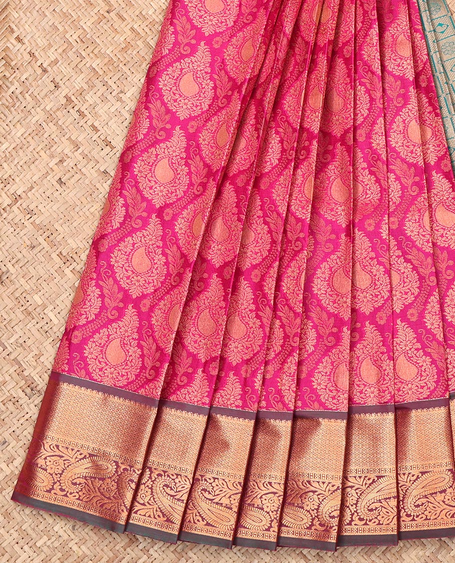 Pink Budget Silk Saree Featuring Jacquard Design, Complemented by a Contrast Traditional Zari Border, Grand Pallu, and a Contrast Blouse
