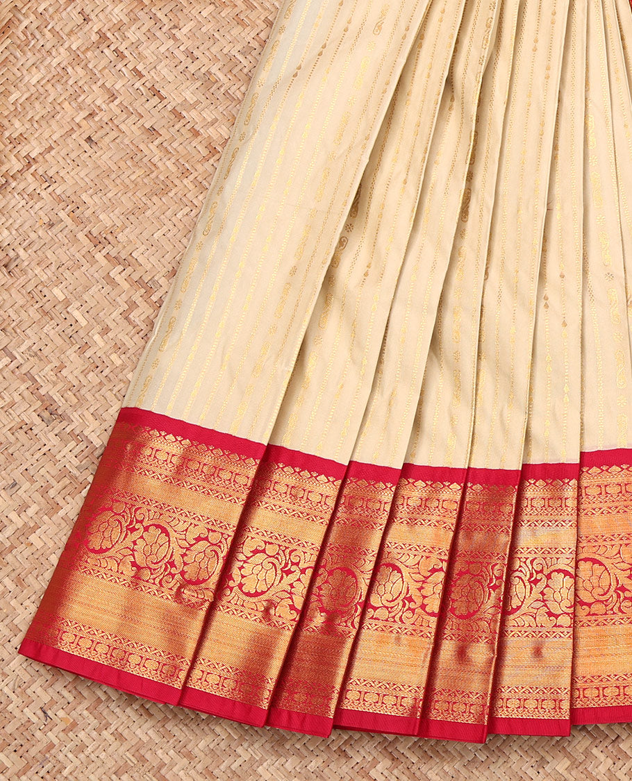 Cream Budget Silk Saree, Bedecked with Zari Stripes, Complemented by a Contrast Traditional Zari Border, Intricate Pallu, and Contrast Blouse