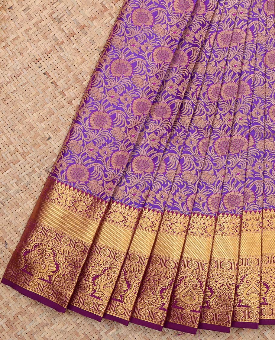 Violet Budget Silk Saree, Adorned with Floral Vine Design, Complemented by Contrast Traditional Zari Border, a Jaal Pallu and a Contrast Blouse