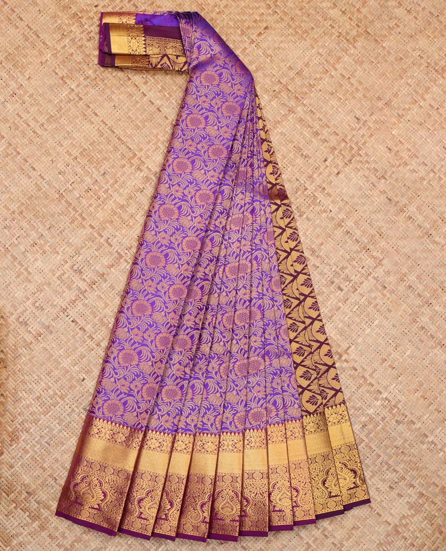 Violet Budget Silk Saree, Adorned with Floral Vine Design, Complemented by Contrast Traditional Zari Border, a Jaal Pallu and a Contrast Blouse