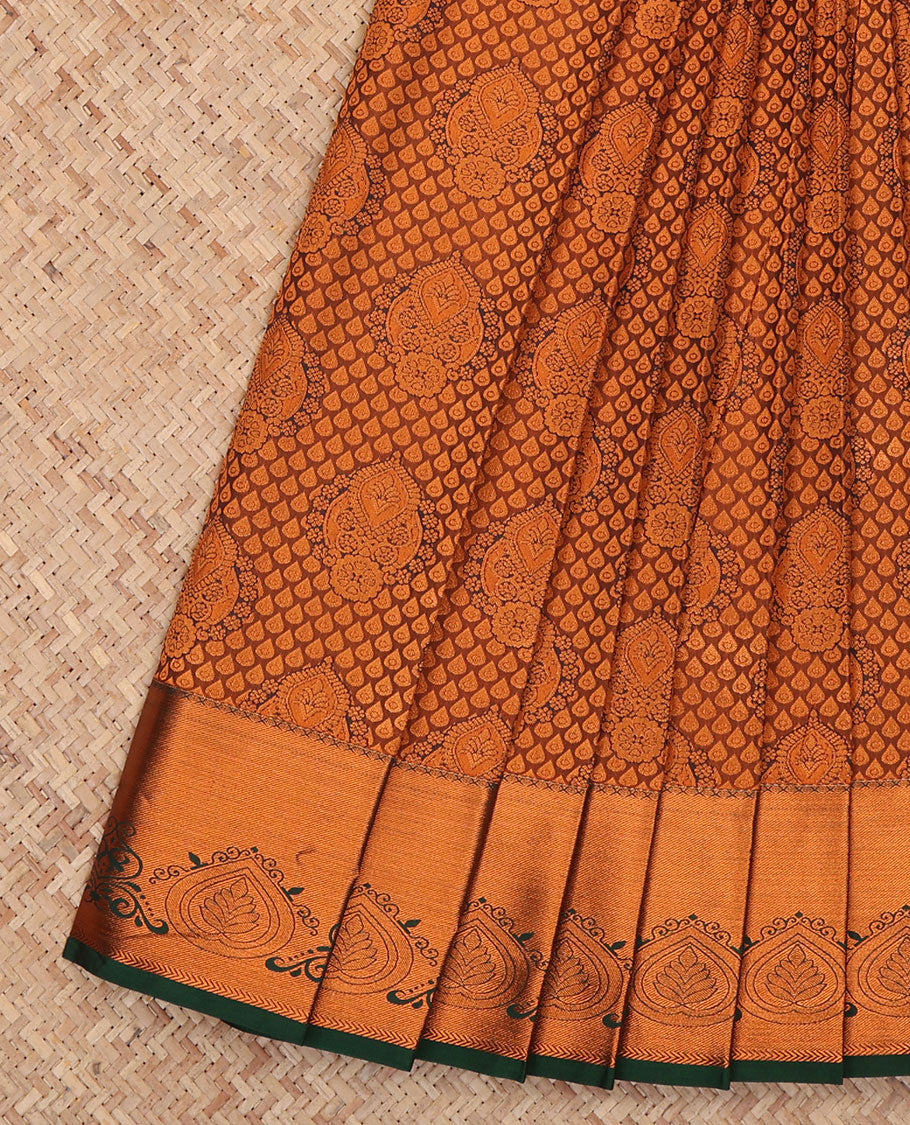 Brown Budget Silk Saree Featuring Jacquard Design, a Contrast Traditional Zari Border, Grand Pallu, and a Contrast Blouse