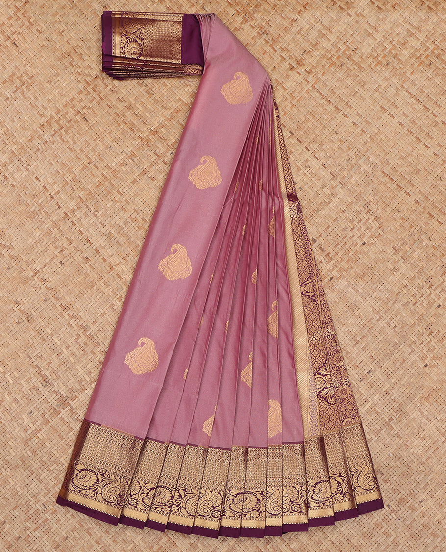 Pink Budget Silk Saree, Adorned with Paisley Buttas, Complemented by a Contrast Traditional Zari Border, Intricate Pallu, and a Contrast Blouse