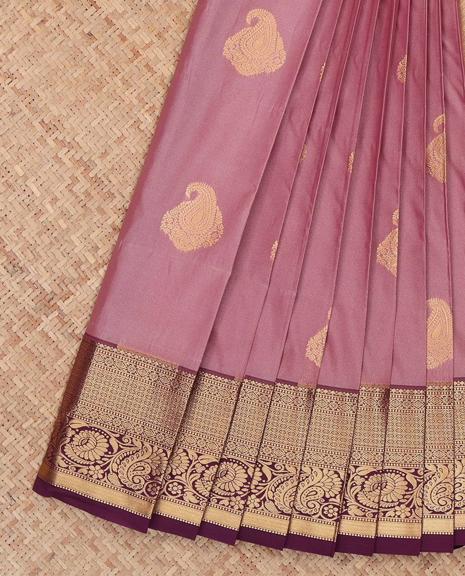 Pink Budget Silk Saree, Adorned with Paisley Buttas, Complemented by a Contrast Traditional Zari Border, Intricate Pallu, and a Contrast Blouse