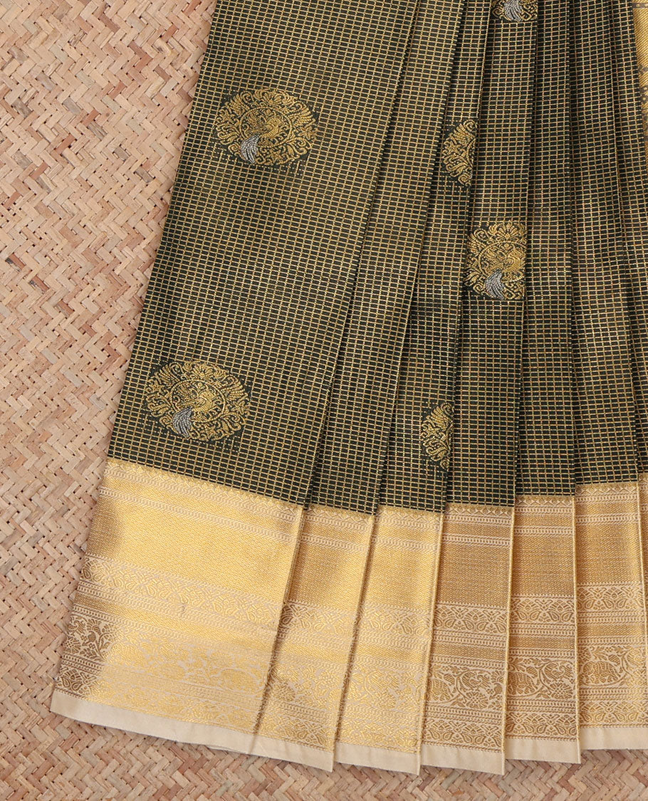 Green Budget Silk Saree, Ornamented with Peacock Buttas and Checks, a Contrast Traditional Zari Border, an Intricate Pallu and a Contrast Blouse