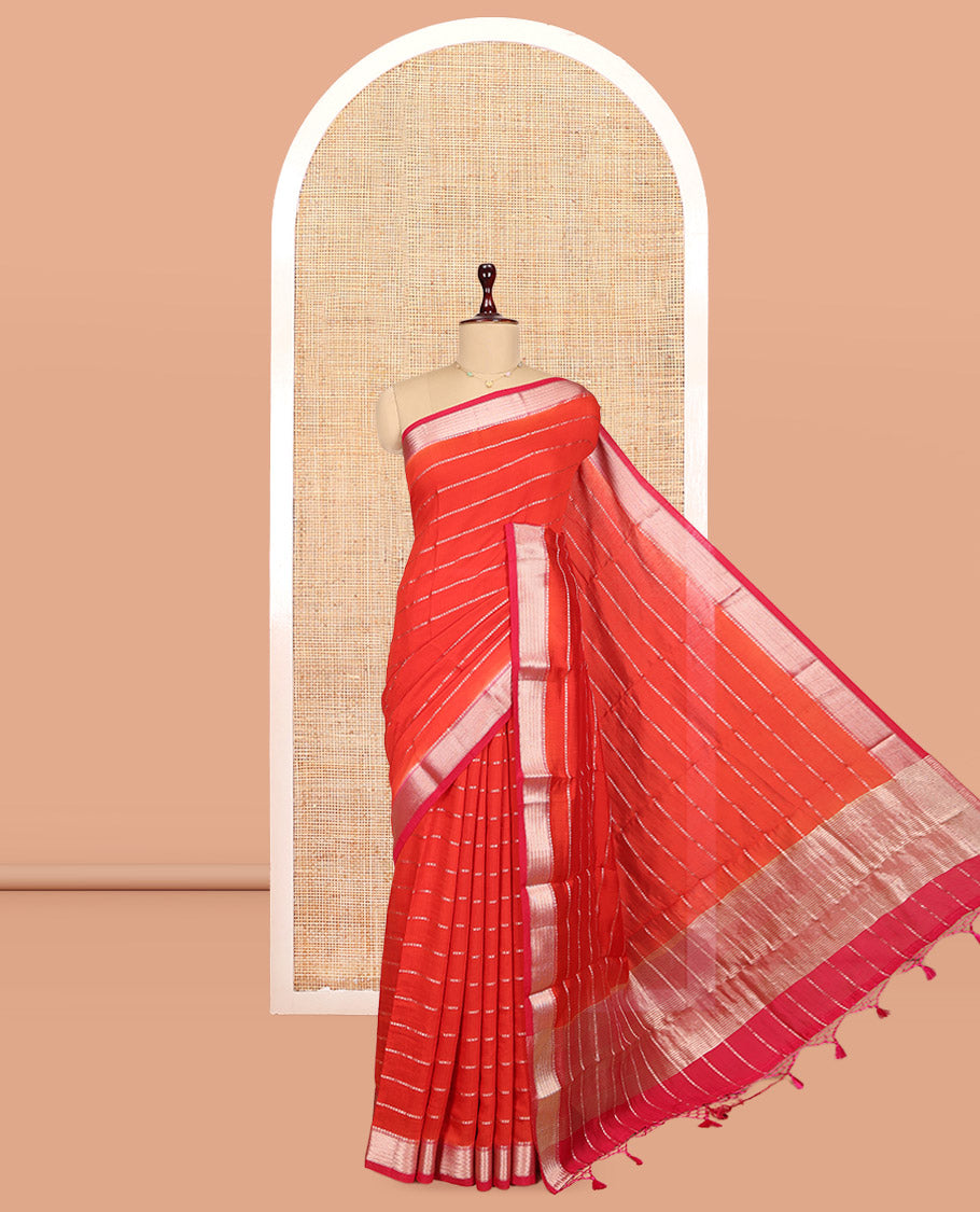 Orange Assam Silk Saree, Showcasing Zari Stripes, Complemented by Semi-Contrast Zari Border, Zari Woven Pallu, and Contrast Blouse