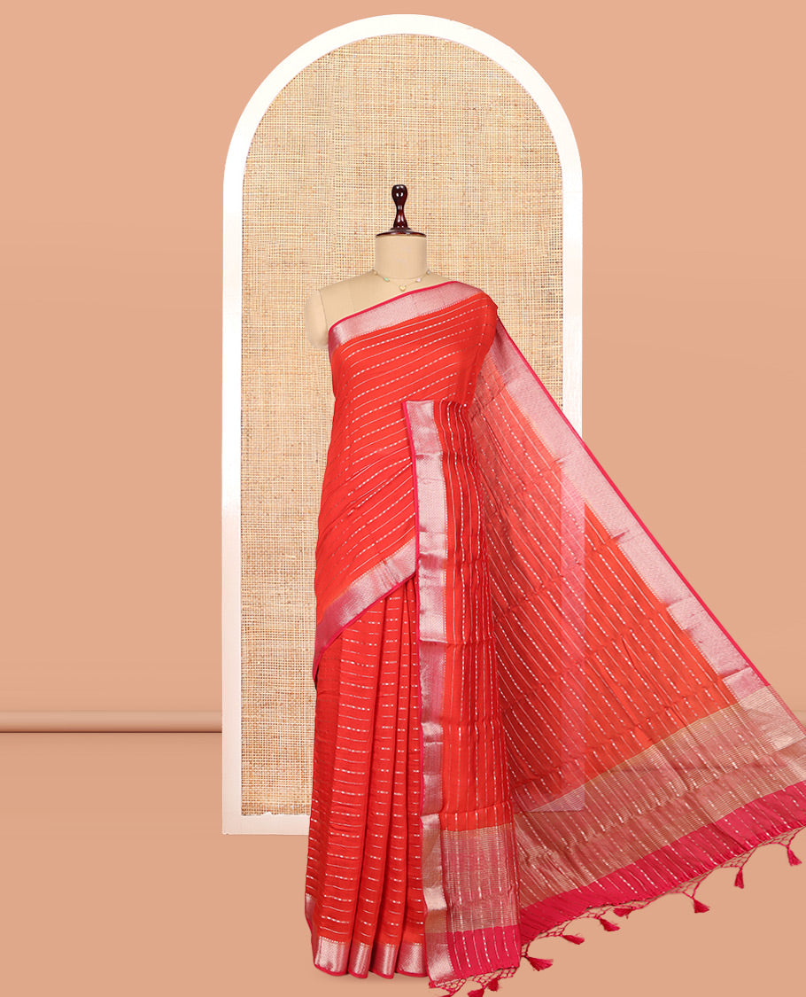 Red Assam Silk Saree, Delicately Woven Zari Stripes, Complemented by Zari Border, Zari Woven Pallu, and Contrast Blouse
