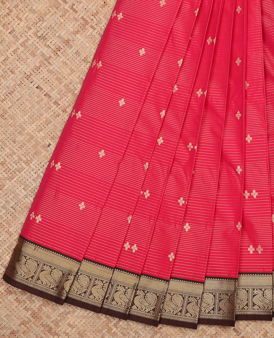 Red Budget Silk Saree, Adorned with Zari Buttas and Stripes, Complemented by a Contrast Traditional Zari Border, Grand Jaal Pallu, and Contrast Blouse