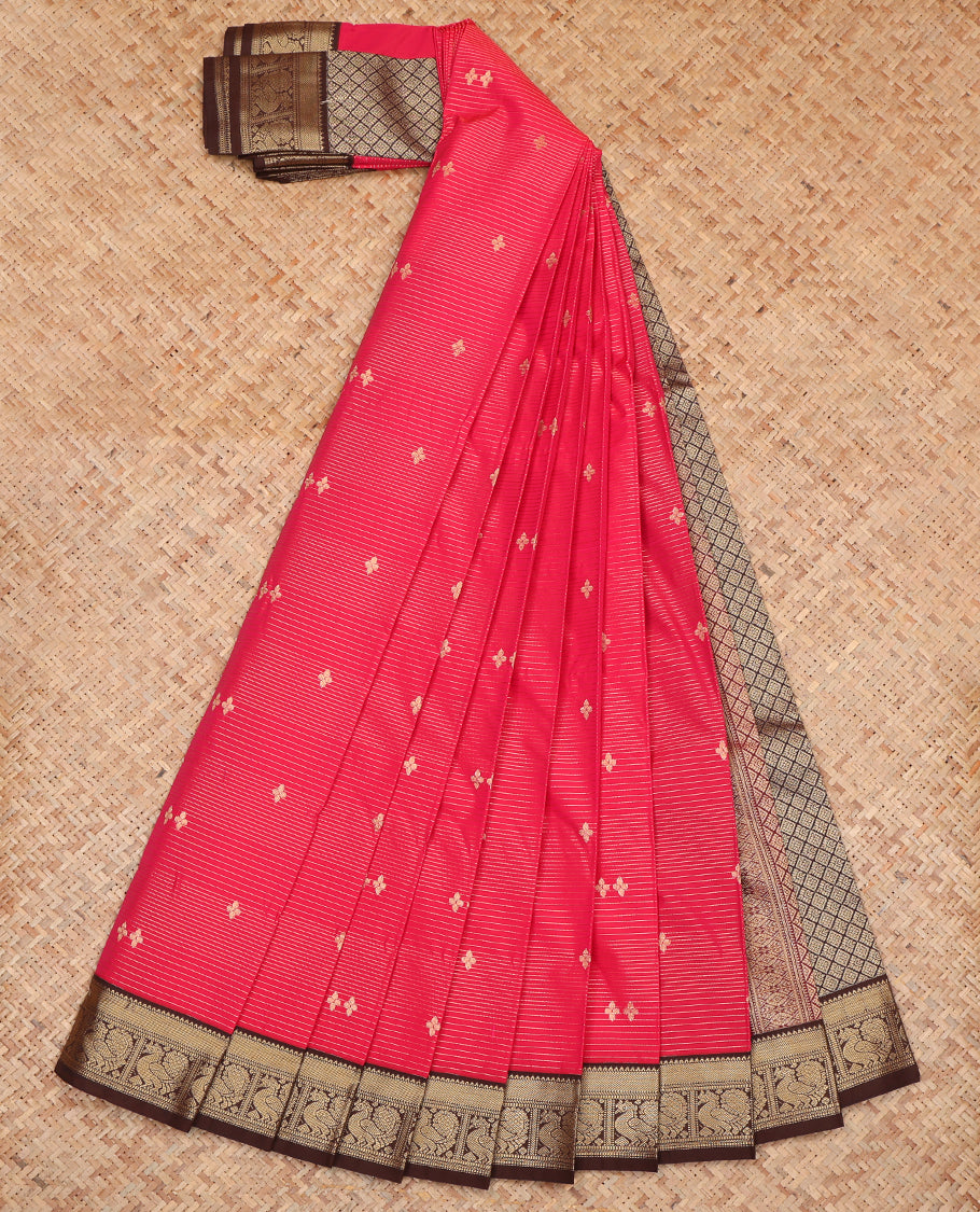 Red Budget Silk Saree, Adorned with Zari Buttas and Stripes, Complemented by a Contrast Traditional Zari Border, Grand Jaal Pallu, and Contrast Blouse