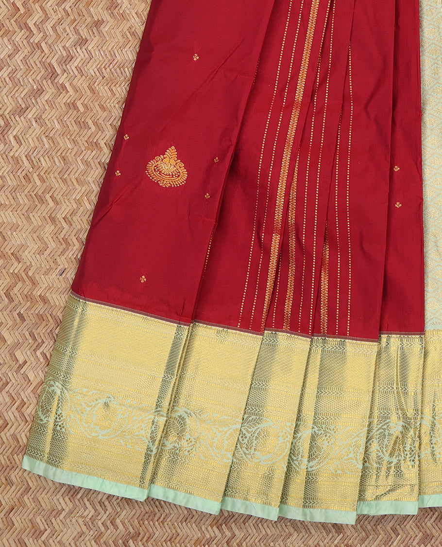 Red Budget Silk Saree, Accentuated with Zari Buttas and Stripes, Complemented by a Contrast Traditional Zari Border, Grand Jaal Pallu, and Contrast Blouse