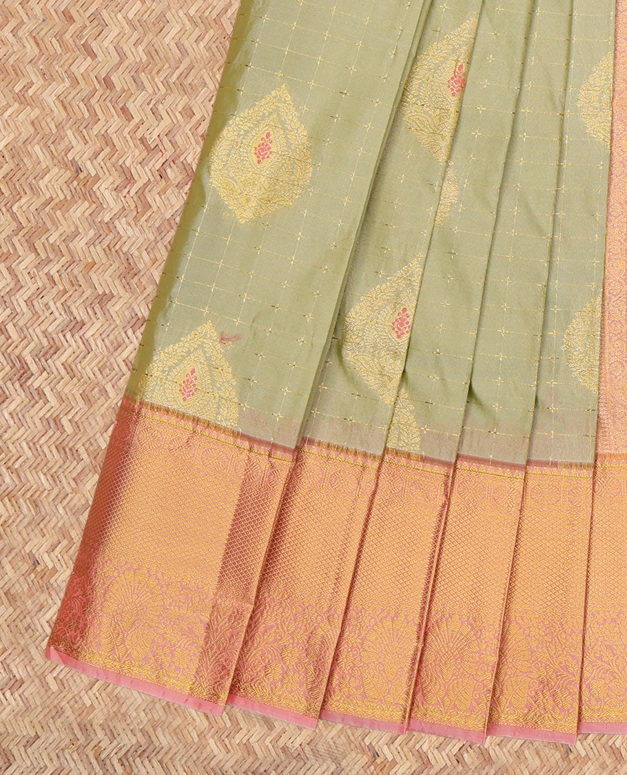 Green Budget Silk Saree, Accentuated with Zari Buttas and Checks, a Contrast Traditional Zari Border, Grand Pallu, and a Contrast Blouse