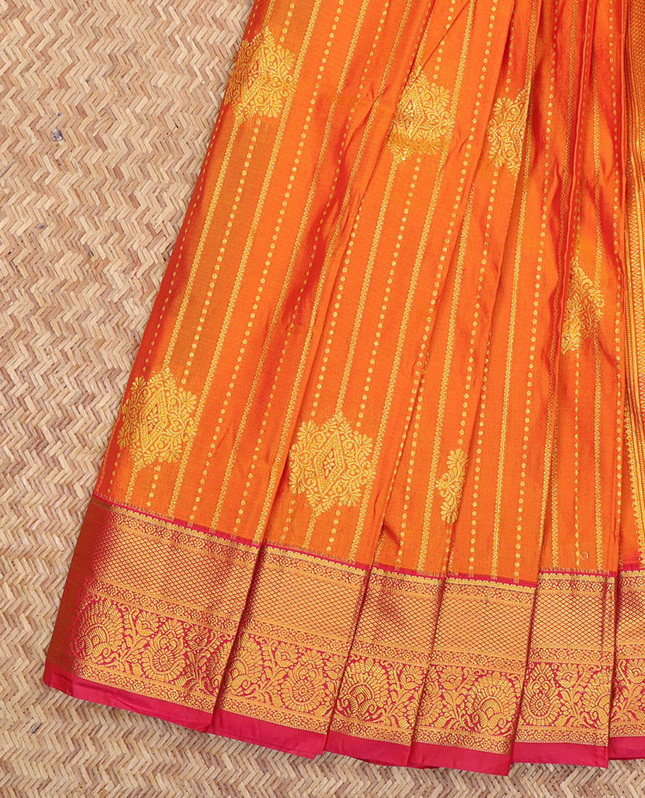 Orange Budget Silk Saree, Highlighted by Zari Designs, a Contrast Traditional Zari Border, Grand Pallu, and a Contrast Blouse
