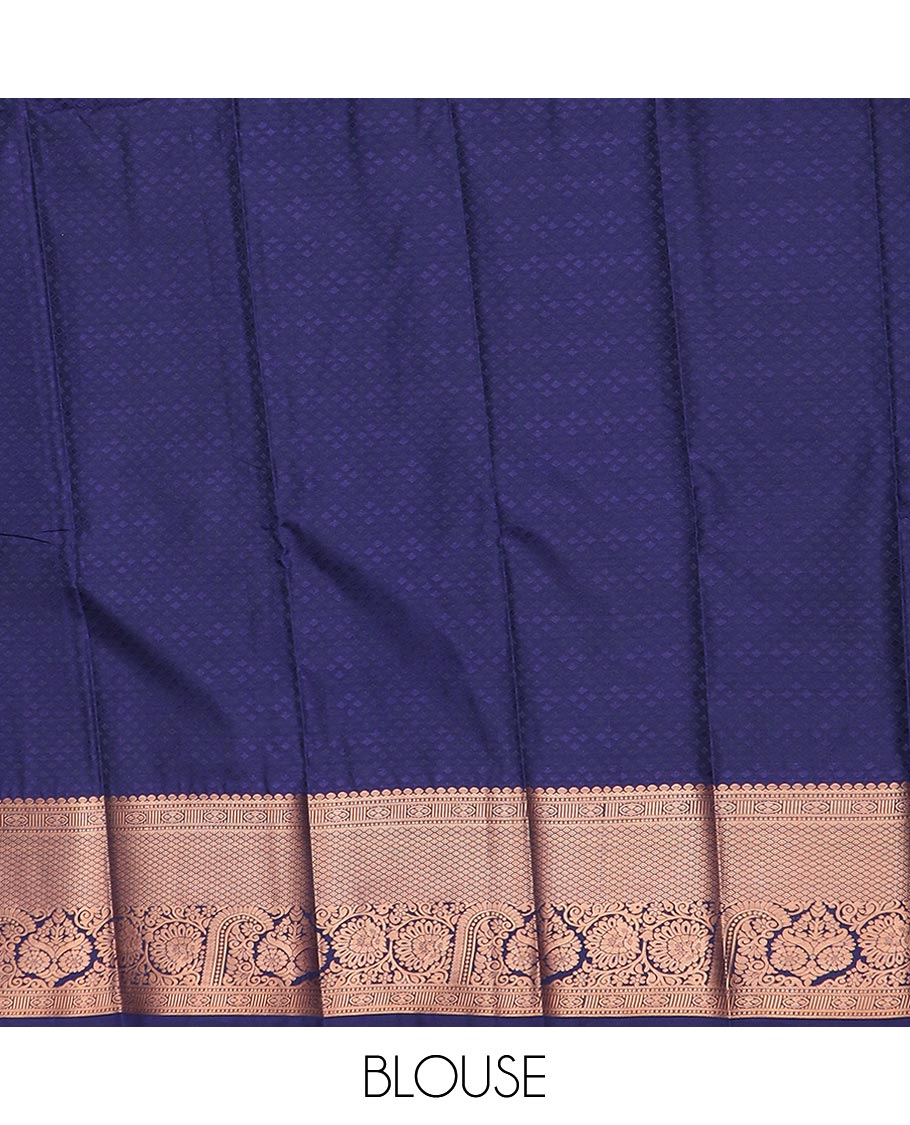 Blue jacquard gift saree, contrast traditional zari design border, and zari-rich jaal pallu