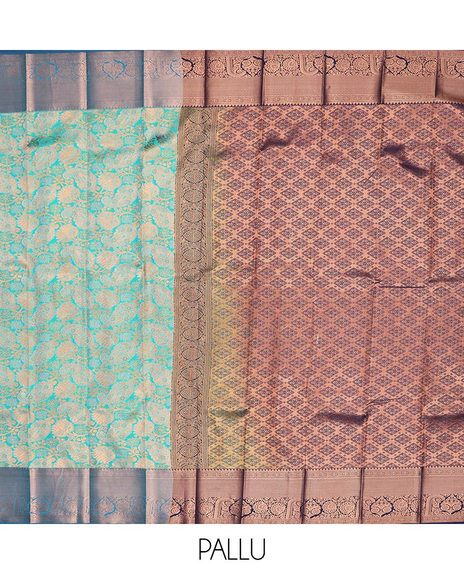 Blue jacquard gift saree, contrast traditional zari design border, and zari-rich jaal pallu