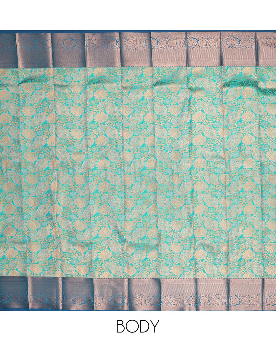 Blue jacquard gift saree, contrast traditional zari design border, and zari-rich jaal pallu