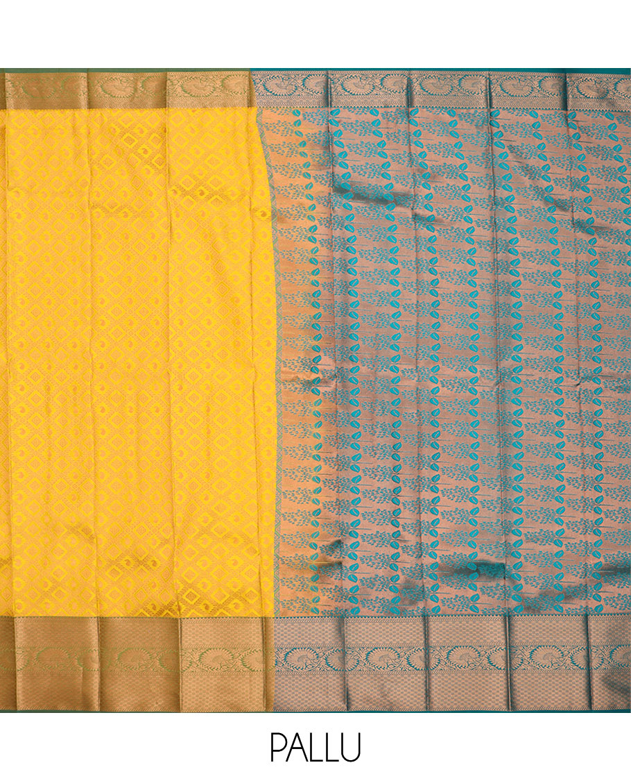 Yellow jaal jacquard gift saree, contrast traditional zari design border, and pallu of floral designs