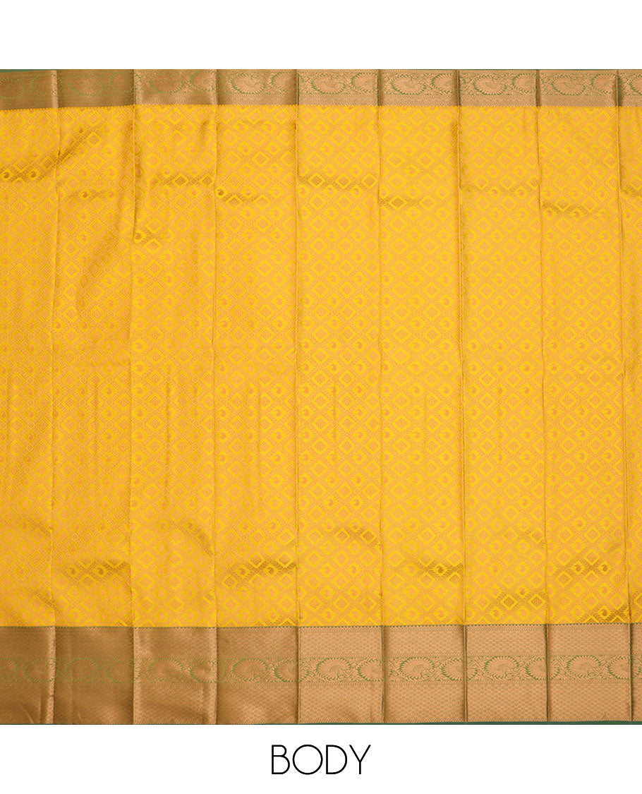 Yellow jaal jacquard gift saree, contrast traditional zari design border, and pallu of floral designs