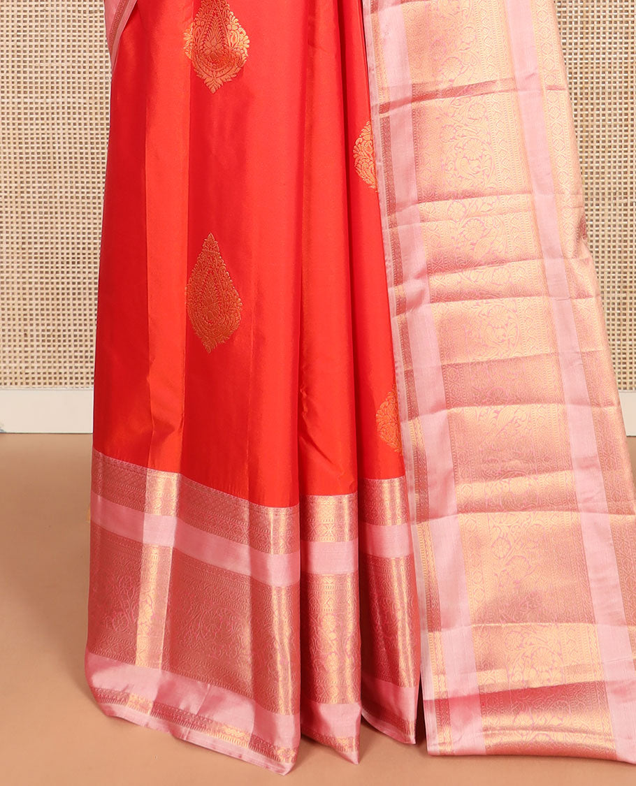 Orange zari buttas budget silk saree, contrast rettai pettu traditional zari border, and zari-rich jaal pallu