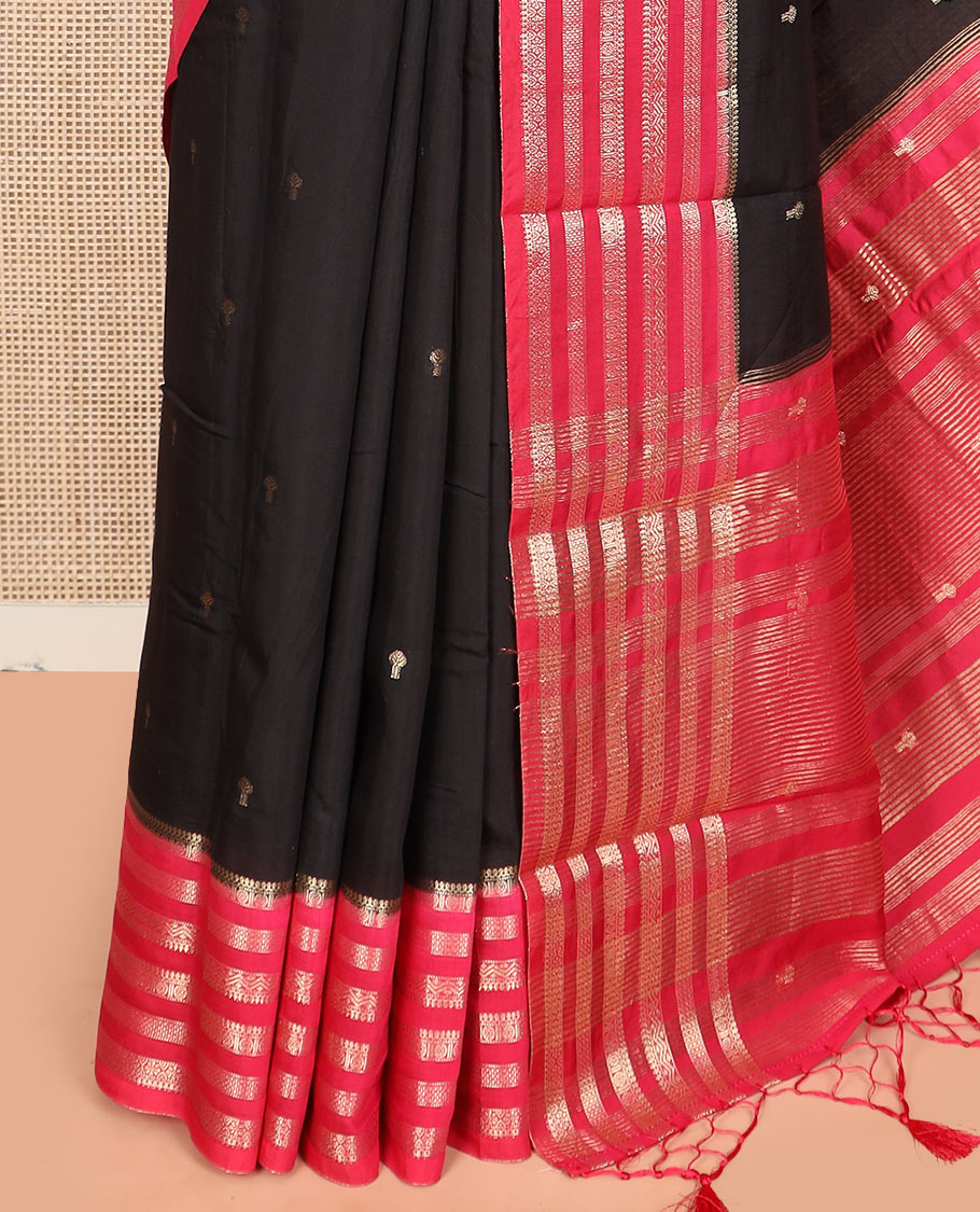 Black buttas assam silk saree, contrast traditional zari design border, and zari striped pallu