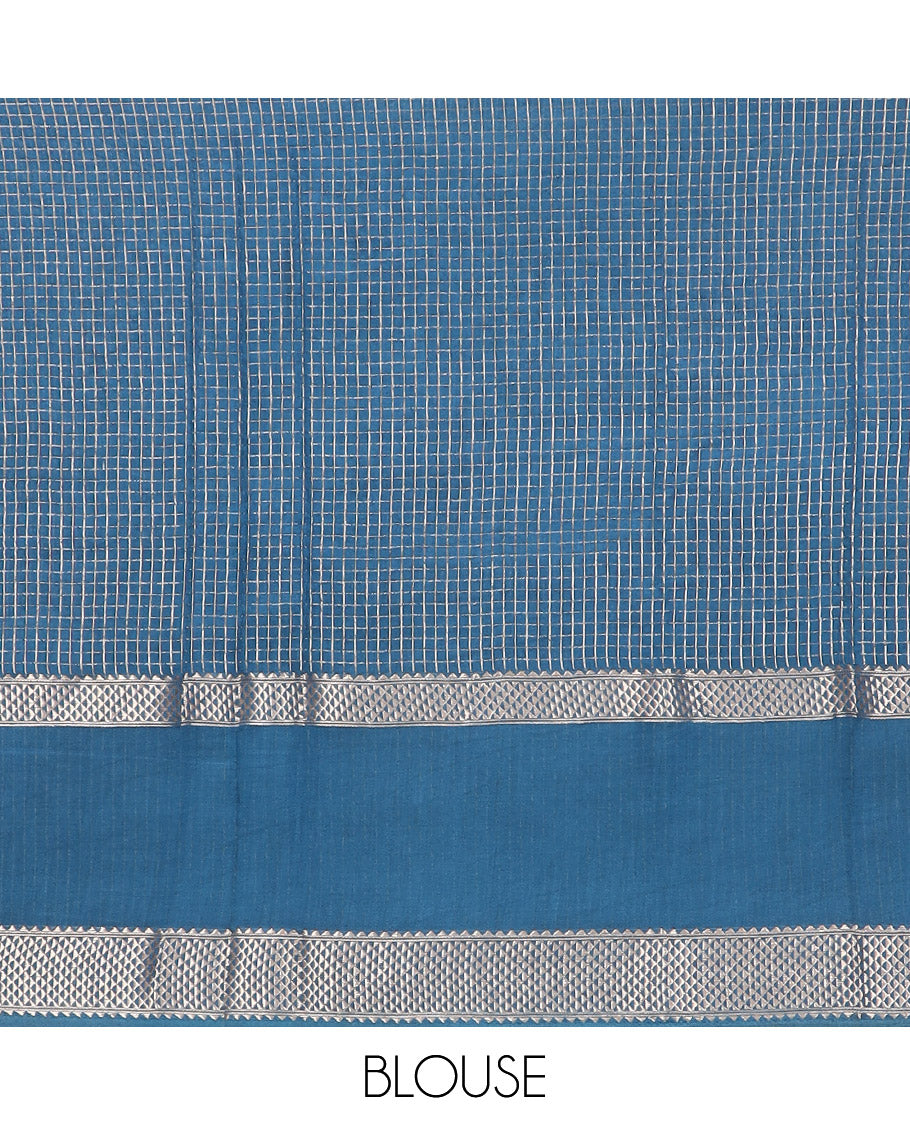 Grey zari checked Assam silk saree, contrast traditional zari border, and pallu of zari stripes