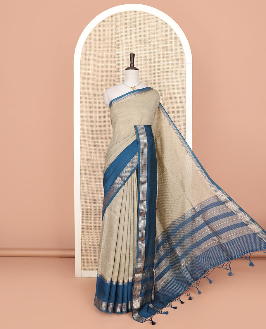 Grey zari checked Assam silk saree, contrast traditional zari border, and pallu of zari stripes