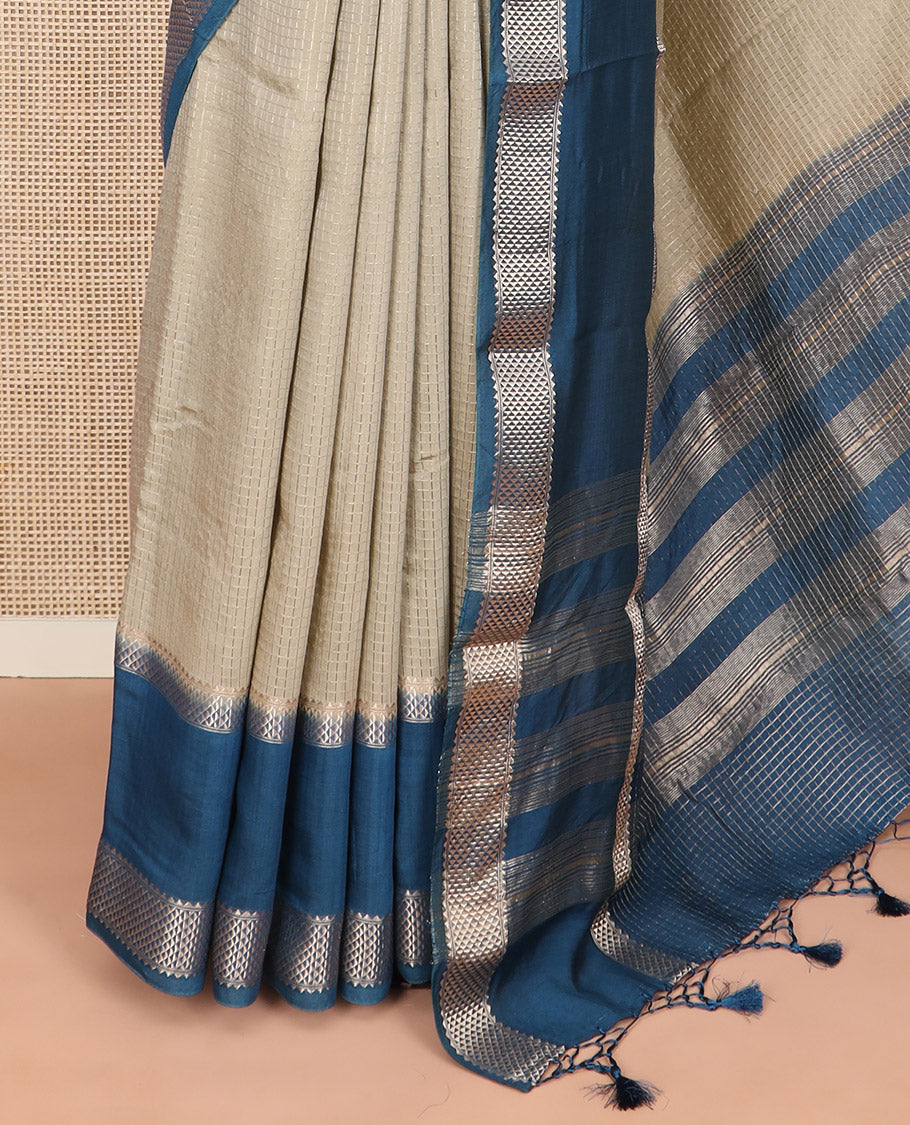 Grey zari checked Assam silk saree, contrast traditional zari border, and pallu of zari stripes