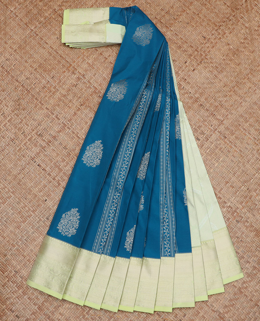 Blue Budget Silk Saree Steeped with Floral Designs Across Its Body, Highlighted with a Contrast Traditional Paisleys Zari Design Border, Mughal-Style Pallu, and a Contrast Zari-Bordered Blouse