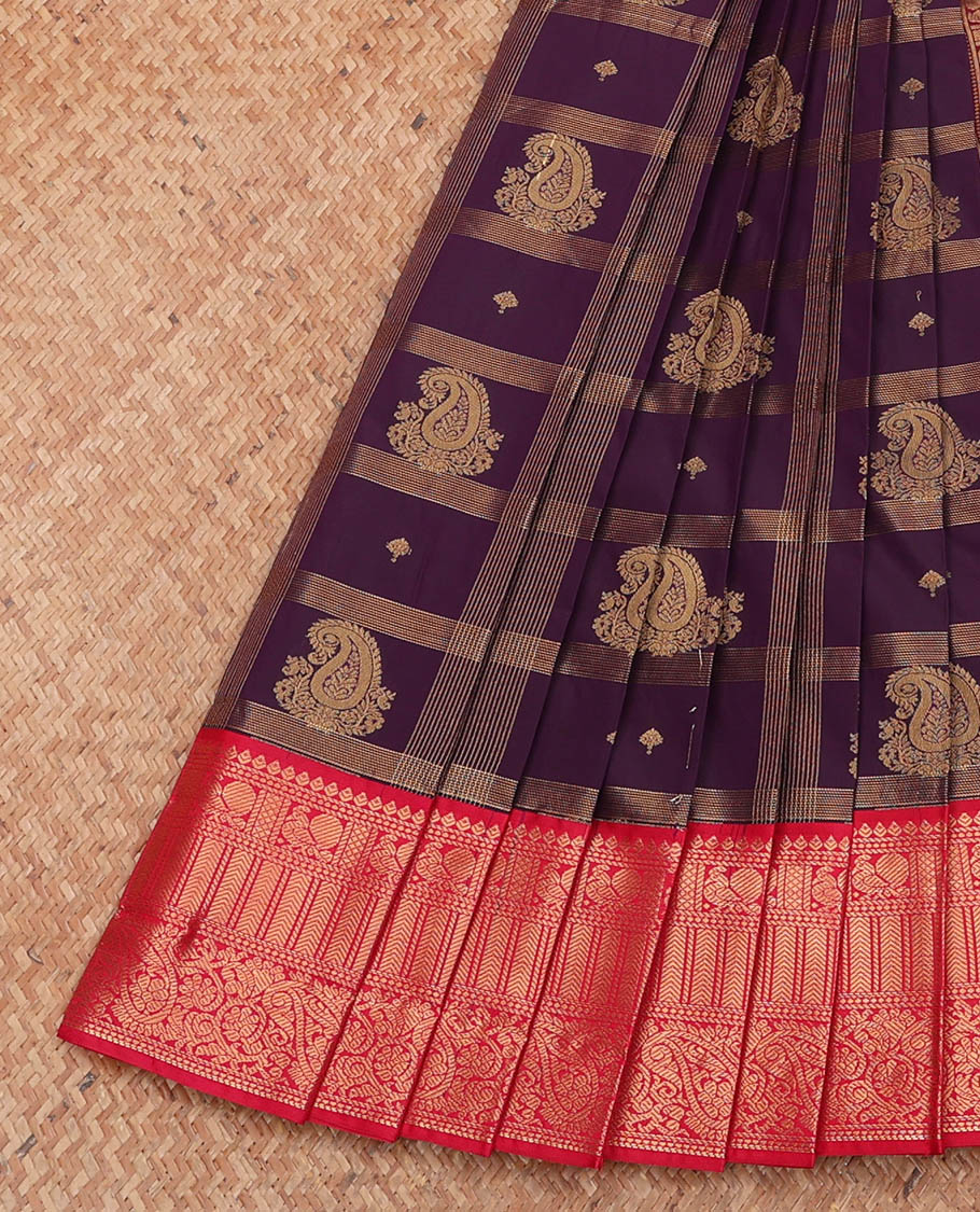 Purple Budget Silk Saree, Embellished with Zari Butta Enclosed Checks, Complemented by a Contrast Traditional Zari Design Border, Grand Pallu, and a Contrast Blouse