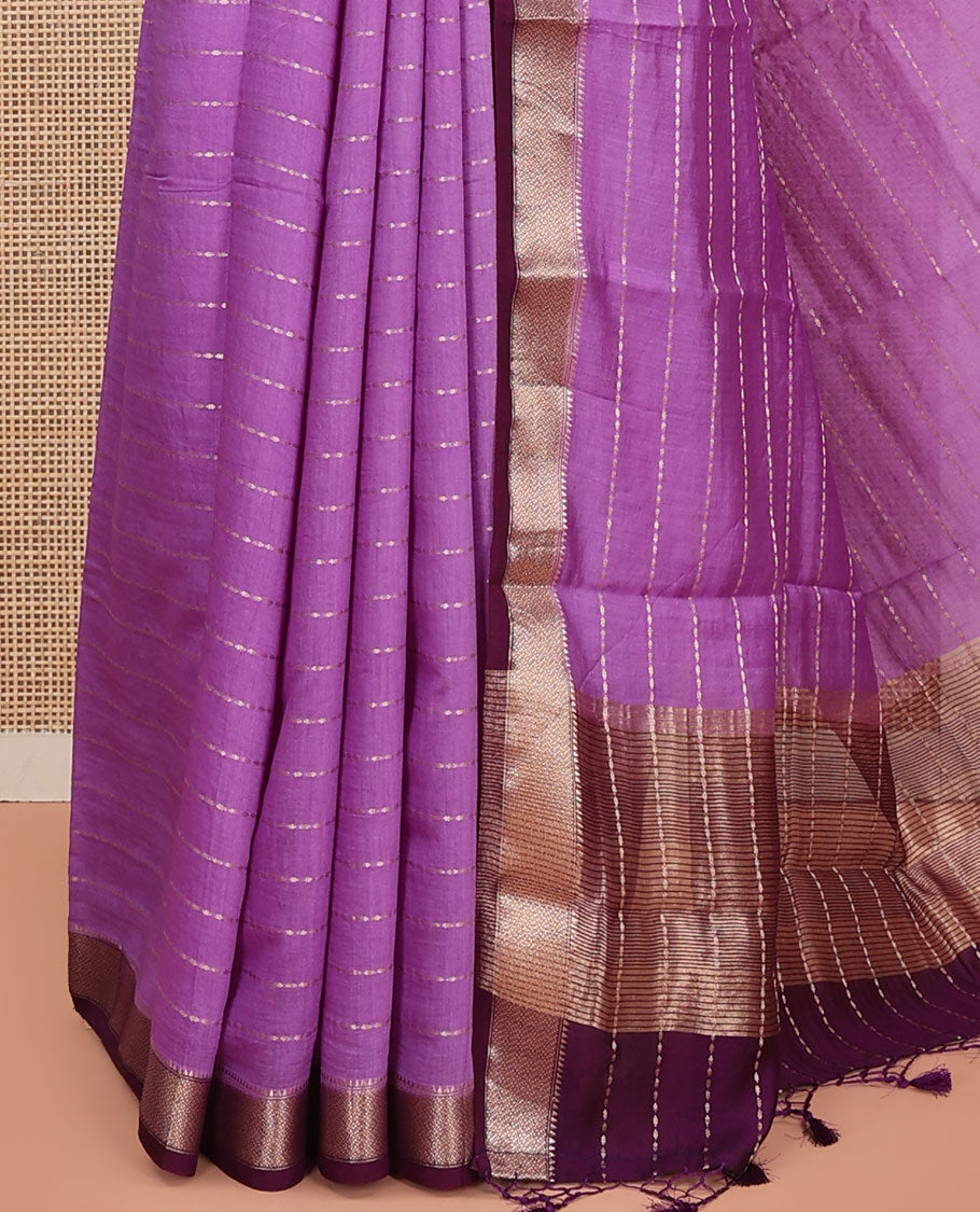 Purple Assam Silk Saree, Gracefully Embellished with Zari Stripes, Complemented by Contrast Zari Border, Pallu Features Zari Stripes, and Paired with a Contrast Blouse