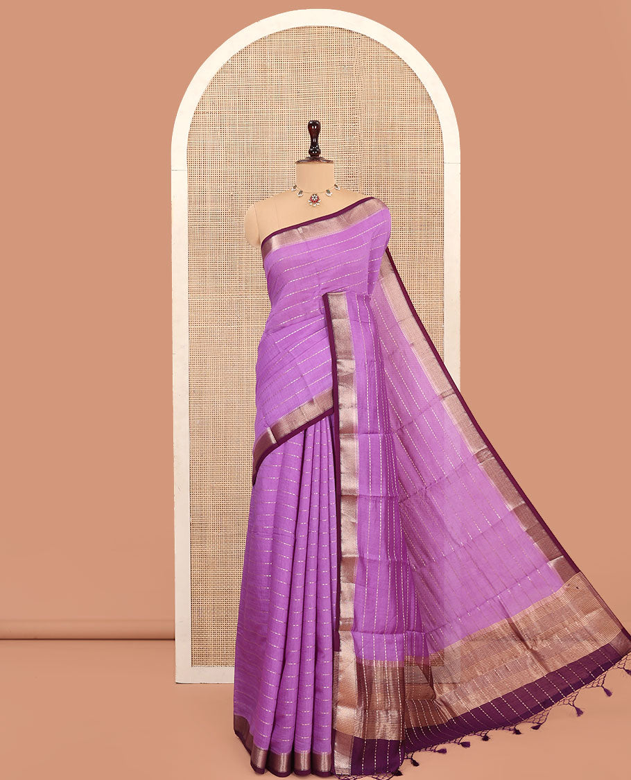 Purple Assam Silk Saree, Gracefully Embellished with Zari Stripes, Complemented by Contrast Zari Border, Pallu Features Zari Stripes, and Paired with a Contrast Blouse