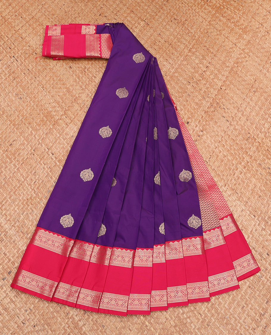 Violet Budget Silk Saree, Bedecked with Zari Buttas, Complemented by Contrast Traditional Zari Rettai Pettu Border, Jaal Pallu, and a Contrast Blouse