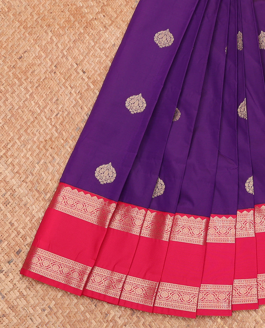 Violet Budget Silk Saree, Bedecked with Zari Buttas, Complemented by Contrast Traditional Zari Rettai Pettu Border, Jaal Pallu, and a Contrast Blouse