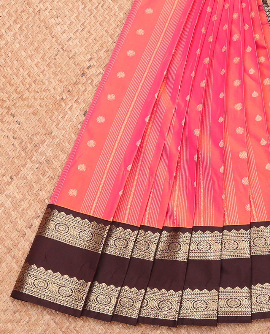 Pink-Orange Budget Silk Saree, Embellished with Zari Buttas, Complemented by a Contrast Traditional Zari Rettai Pettu Border, Jaal Pallu, and a Contrast Blouse