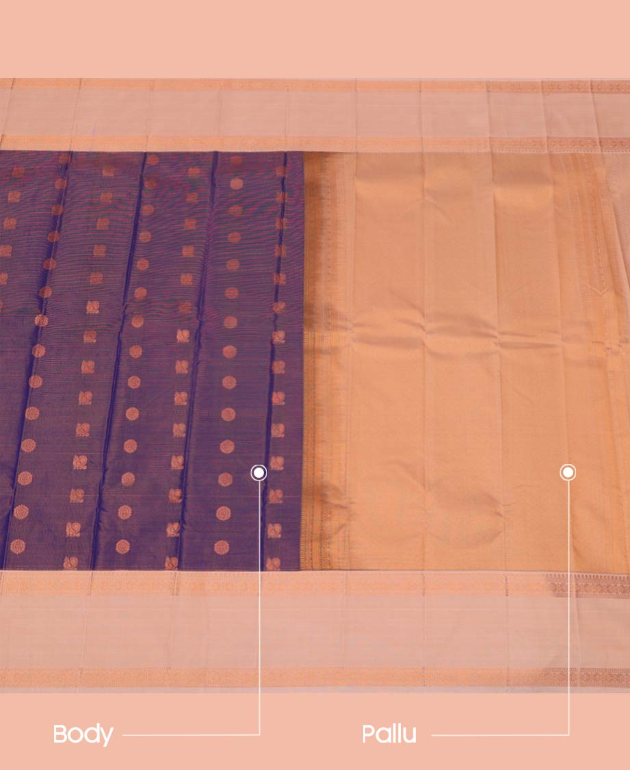 Blue Budget Silk Saree Gleamed Up with Peacock Chakram Buttas, Complemented by a Contrast Traditional Zari Motif Rettai Pettu Border, Adorned with Zari Woven Pallu, and Paired with a Contrast Blouse