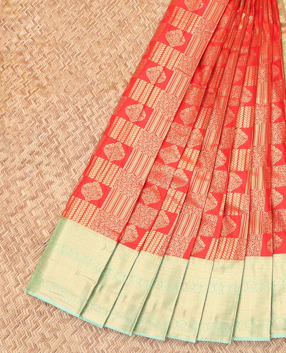 Red Budget Silk Saree, Enthralled with Jacquard Design, Complemented by Contrast Traditional Zari Border, a Grand Pallu and a Contrast Blouse