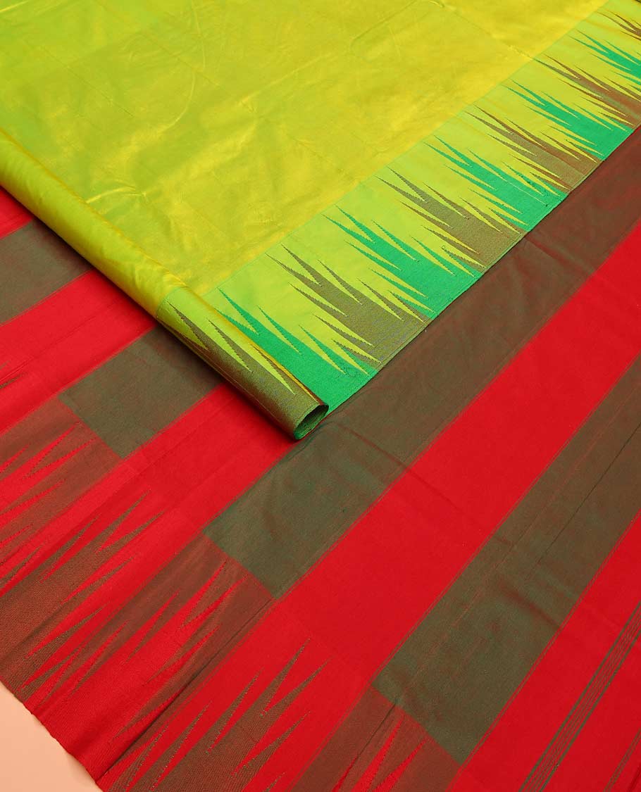 Green plain Bangalore silk saree, contrast temple border, and striped pallu
