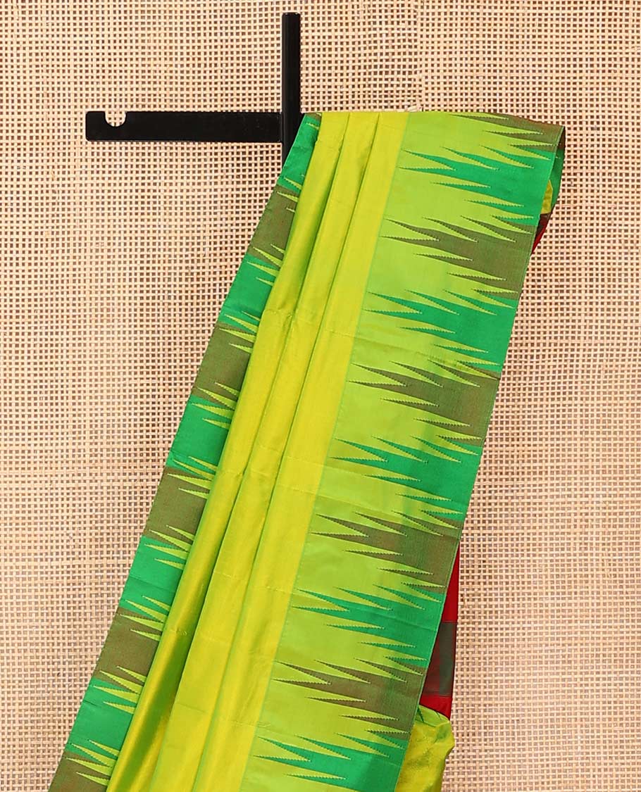 Green plain Bangalore silk saree, contrast temple border, and striped pallu