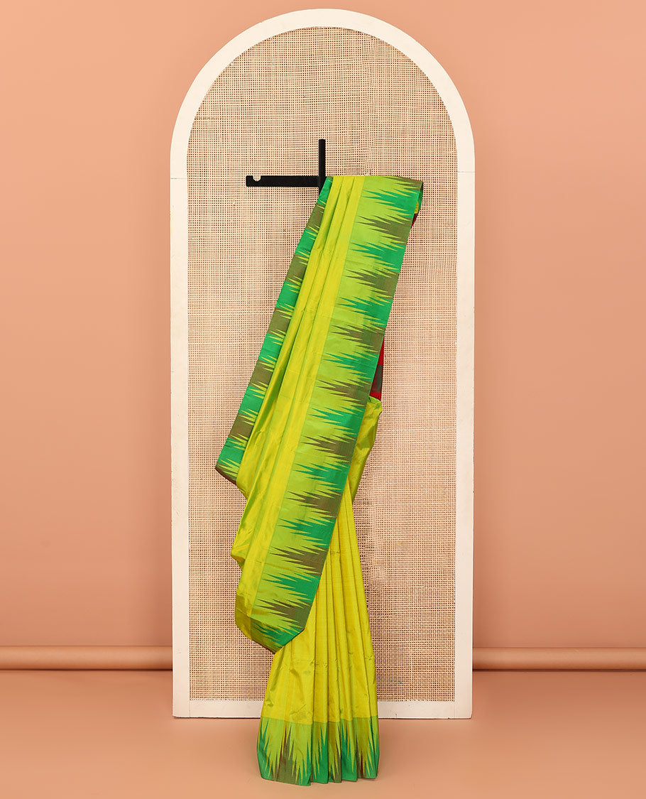 Green plain Bangalore silk saree, contrast temple border, and striped pallu