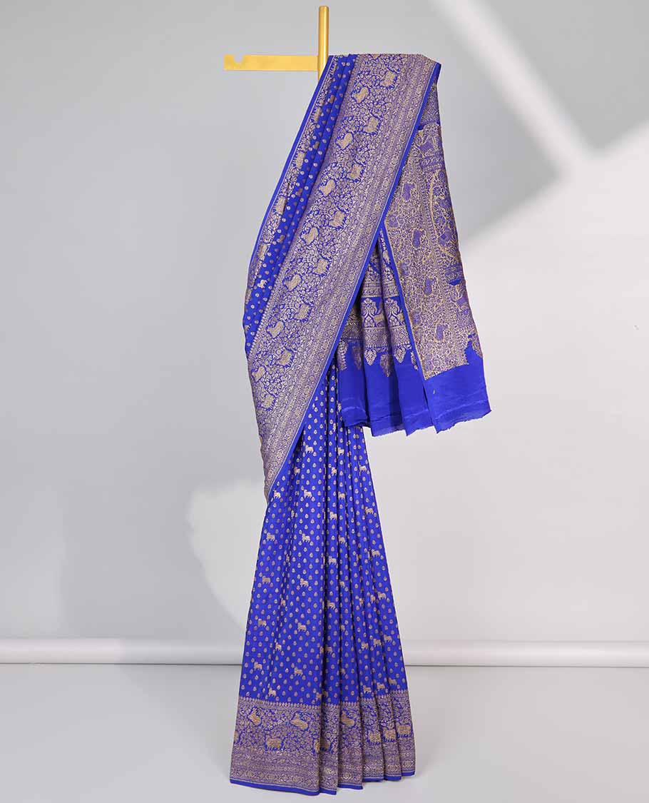Blue floral motifs banaras silk saree with self zari design border & intricate floral zari design pallu