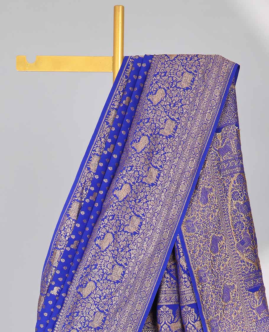 Blue floral motifs banaras silk saree with self zari design border & intricate floral zari design pallu