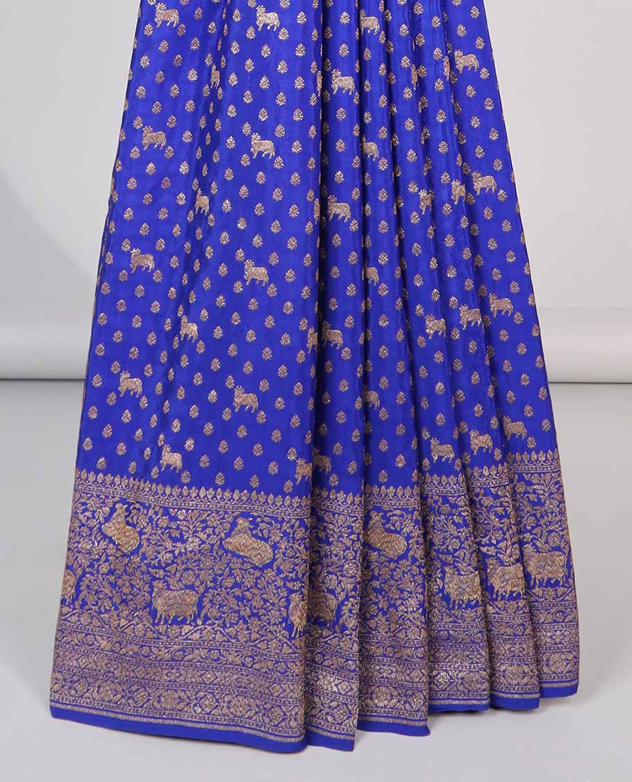Blue floral motifs banaras silk saree with self zari design border & intricate floral zari design pallu